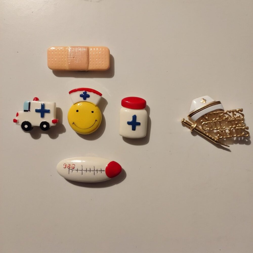 Nursing Themed Pin Set With Cute Designs & Gold-Tone Brooch-LIKE NEW